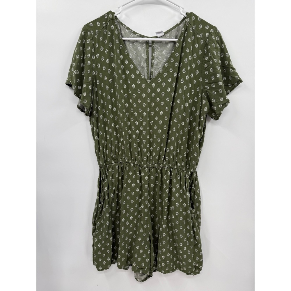 Old Navy Large Romper Womens Green Leaf Print V-Neck Short Sleeve Pockets